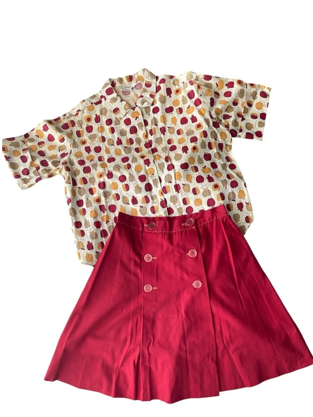Russ vintage 60’s Red A-Line Skirt with Apple Printed Button-Up Top